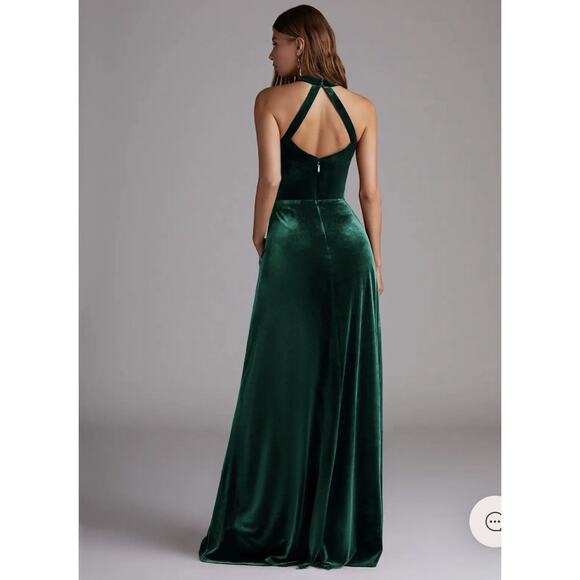 Azazie Larice Green Halter Velvet Floor Long Dress Slit 14 Gown Garment Bag - Picture 3 of 12